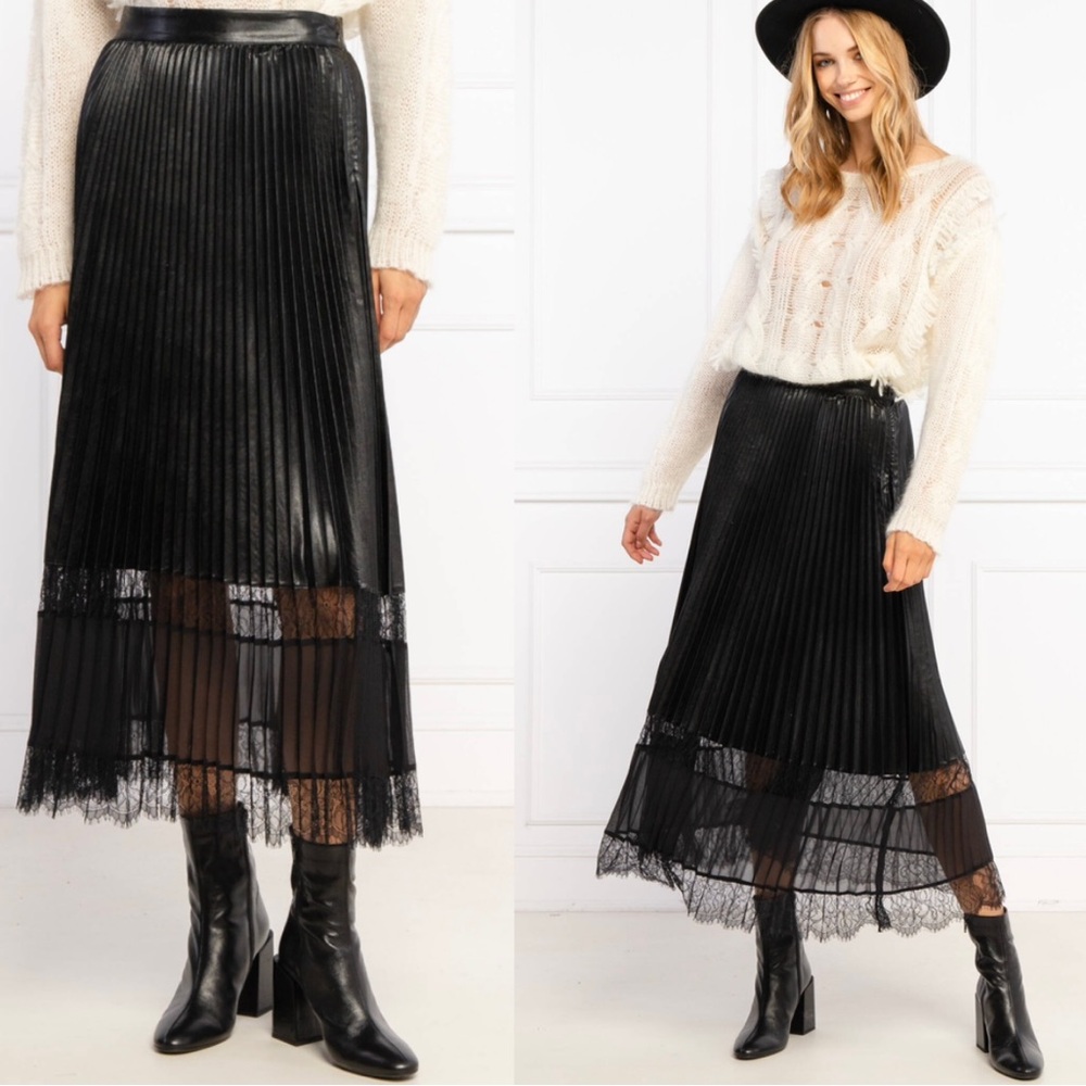 Twin-Set Black Pleated Lace-Trim Maxi Skirt